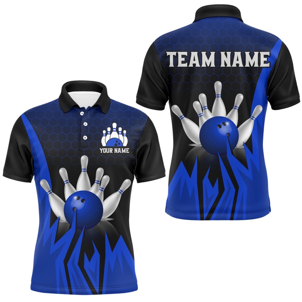 Custom Blue Flame Bowling Polo Shirts For Men & Women Bowling Team Polo Shirt, Personalized Bowling Team Shirt