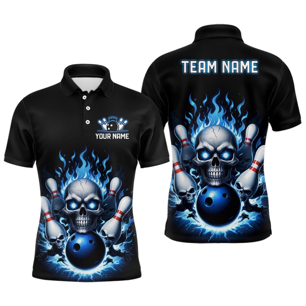 Custom Blue Flame Bowling Team Shirts, Halloween Skull Bowling Polo Shirt For Men, Personalized Bowling Team Shirt