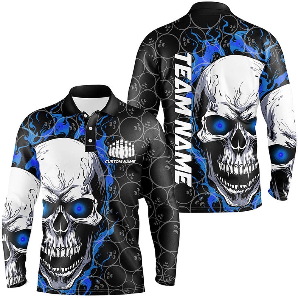 Custom Blue Flame Skull Bowling Shirts For Men, Bowling Team Long Sleeve Bowling Shirts, Personalized Bowling Team Shirt