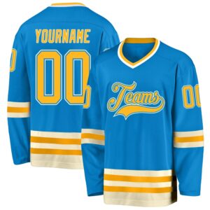 Custom Blue Gold Cream Hockey Jersey, New…