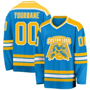 Custom Blue Gold White Hockey Jersey, New…