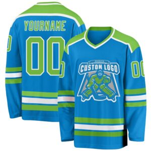 Custom Blue Neon Green White Hockey Jersey,…