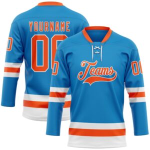 Custom Blue Orange White Hockey Lace Neck…