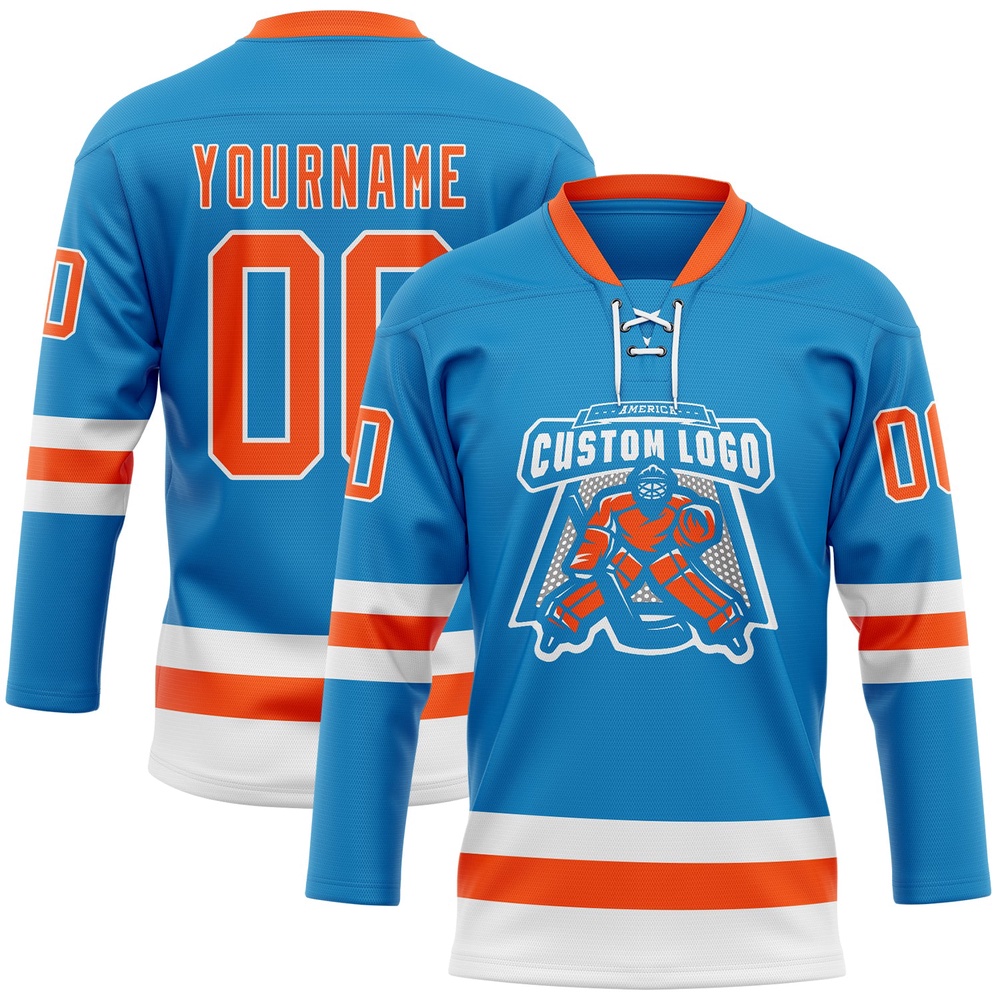 Custom Blue Orange White Hockey Lace Neck Jersey, New Hockey Jersey, Personali Sport Team Jersey Shirt