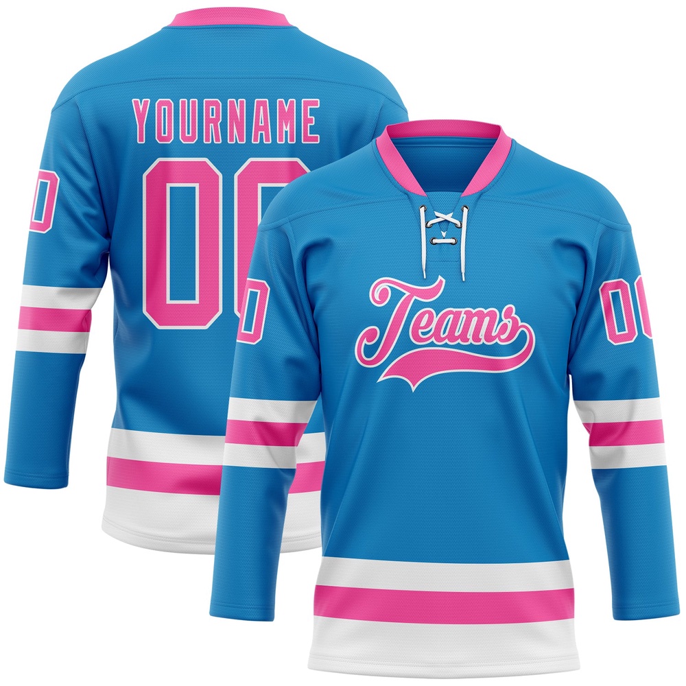 Custom Blue Pink White Hockey Lace Neck Jersey, New Hockey Jersey, Personali Sport Team Jersey Shirt