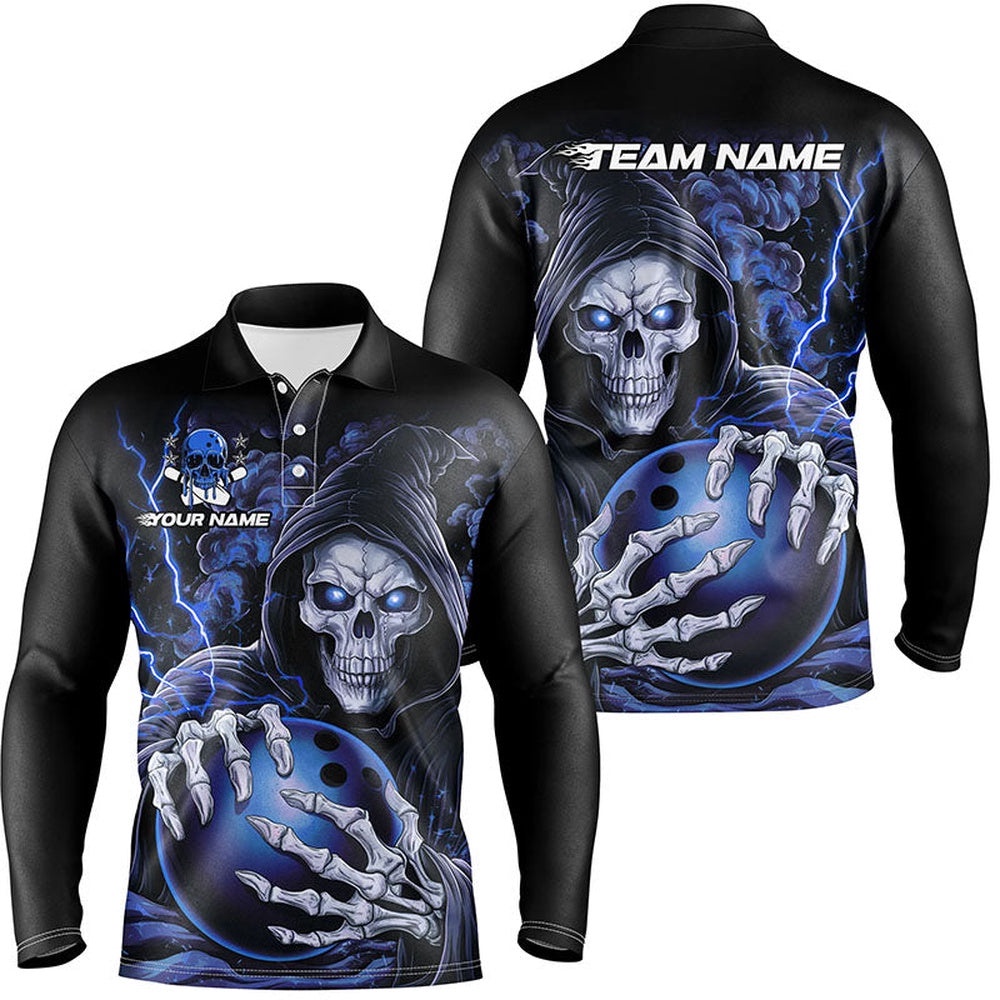 Custom Blue Skull Bowling Long Sleeve Polo Shirts For Men, Halloween Bowling Team Shirts, Personalized Bowling Team Shirt Custom Blue Skull Bowling Long Sleeve Polo Shirts For Men, Halloween Bowling Team Shirts, Personalized Bowling Team Shirt