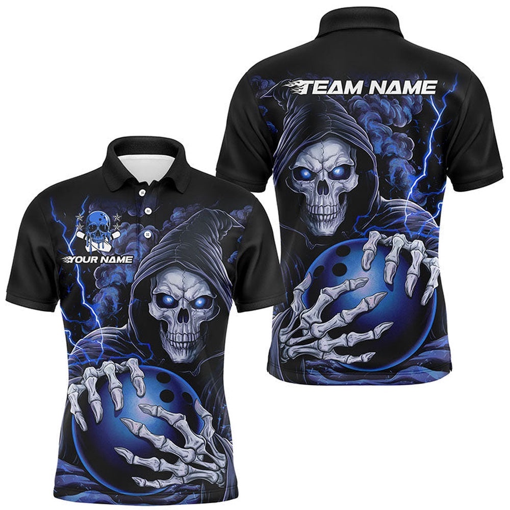Custom Blue Skull Bowling Polo Shirts For Men, Halloween Bowling Team Shirts, Personalized Bowling Team Shirt Custom Blue Skull Bowling Polo Shirts For Men, Halloween Bowling Team Shirts, Personalized Bowling Team Shirt