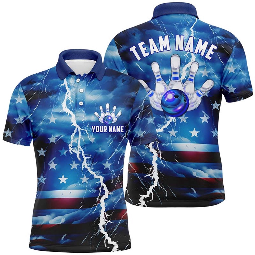 Custom Blue Thunder Bowling Polo Shirts For Men, Us Flag Patriotic Bowling League Shirts, Personalized Bowling Team Shirt Custom Blue Thunder Bowling Polo Shirts For Men, Us Flag Patriotic Bowling League Shirts, Personalized Bowling Team Shirt