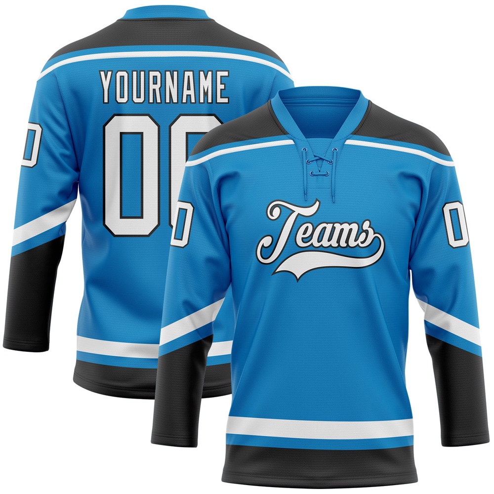 Custom Blue White Black Hockey Lace Neck Jersey, New Hockey Jersey, Personali Sport Team Jersey Shirt