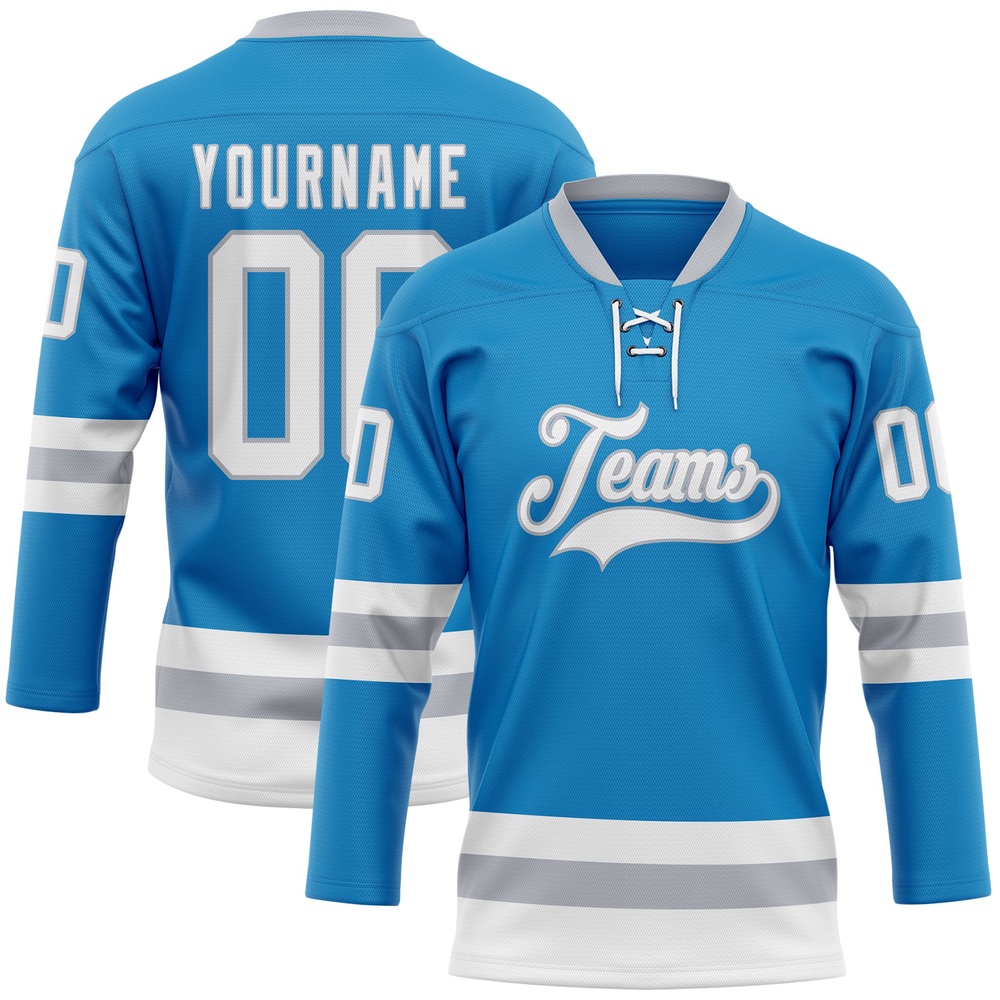 Custom Blue White Gray Hockey Lace Neck Jersey, New Hockey Jersey, Personali Sport Team Jersey Shirt