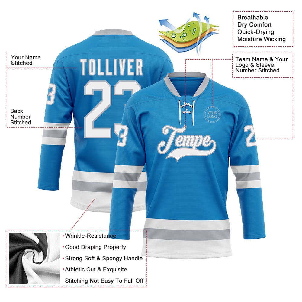 Custom Blue White Gray Hockey Lace Neck Jersey, New Hockey Jersey, Personali Sport Team Jersey Shirt