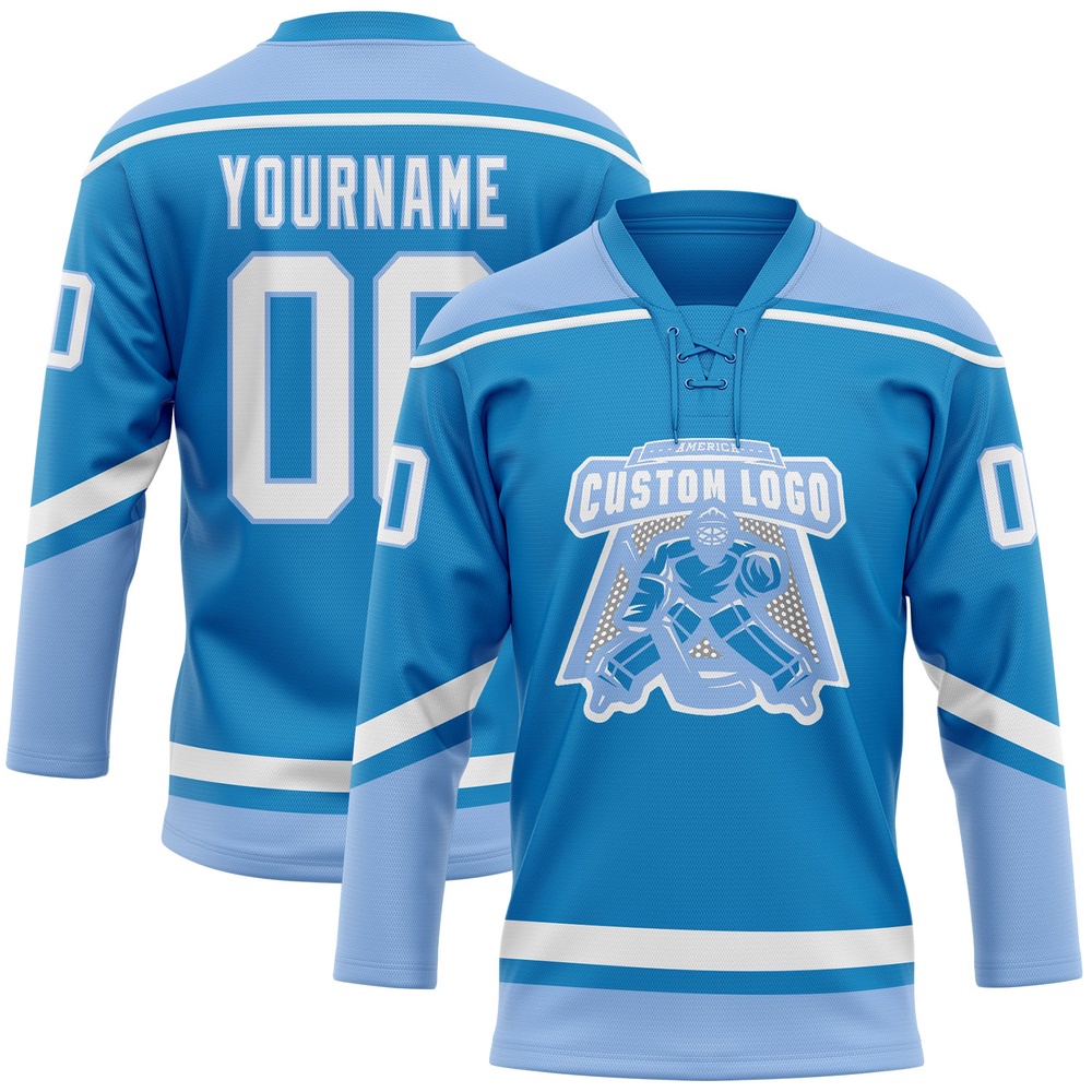 Custom Blue White Light Blue Hockey Lace Neck Jersey, New Hockey Jersey, Personali Sport Team Jersey Shirt