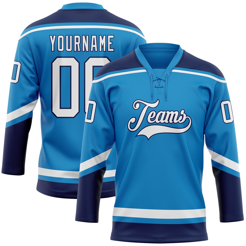 Custom Blue White Navy Hockey Lace Neck Jersey, New Hockey Jersey, Personali Sport Team Jersey Shirt