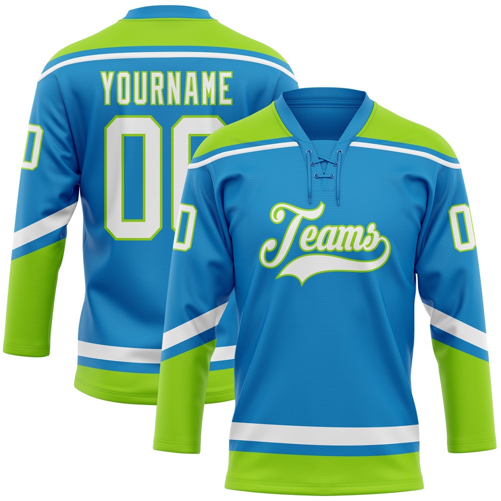 Custom Blue White Neon Green Hockey Lace Neck Jersey, New Hockey Jersey, Personali Sport Team Jersey Shirt