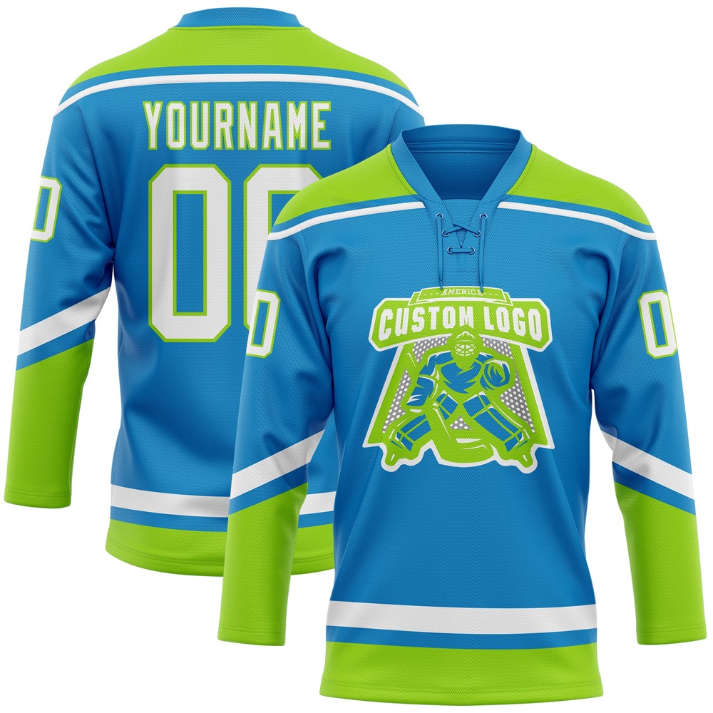 Custom Blue White Neon Green Hockey Lace Neck Jersey, New Hockey Jersey, Personali Sport Team Jersey Shirt