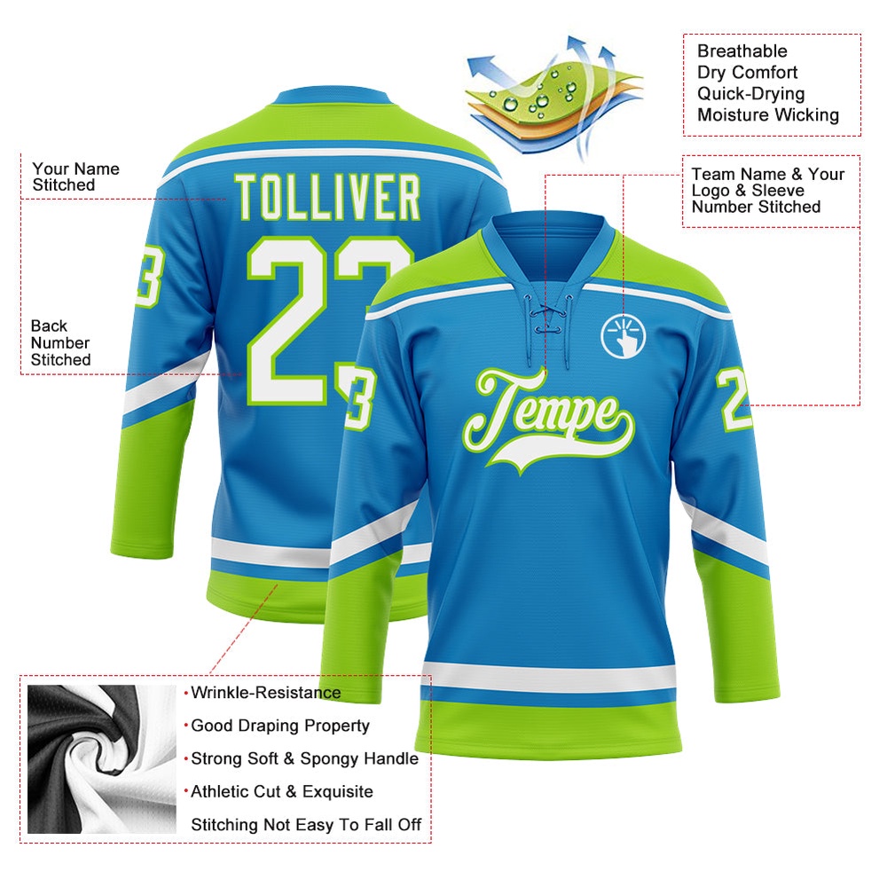 Custom Blue White Neon Green Hockey Lace Neck Jersey, New Hockey Jersey, Personali Sport Team Jersey Shirt