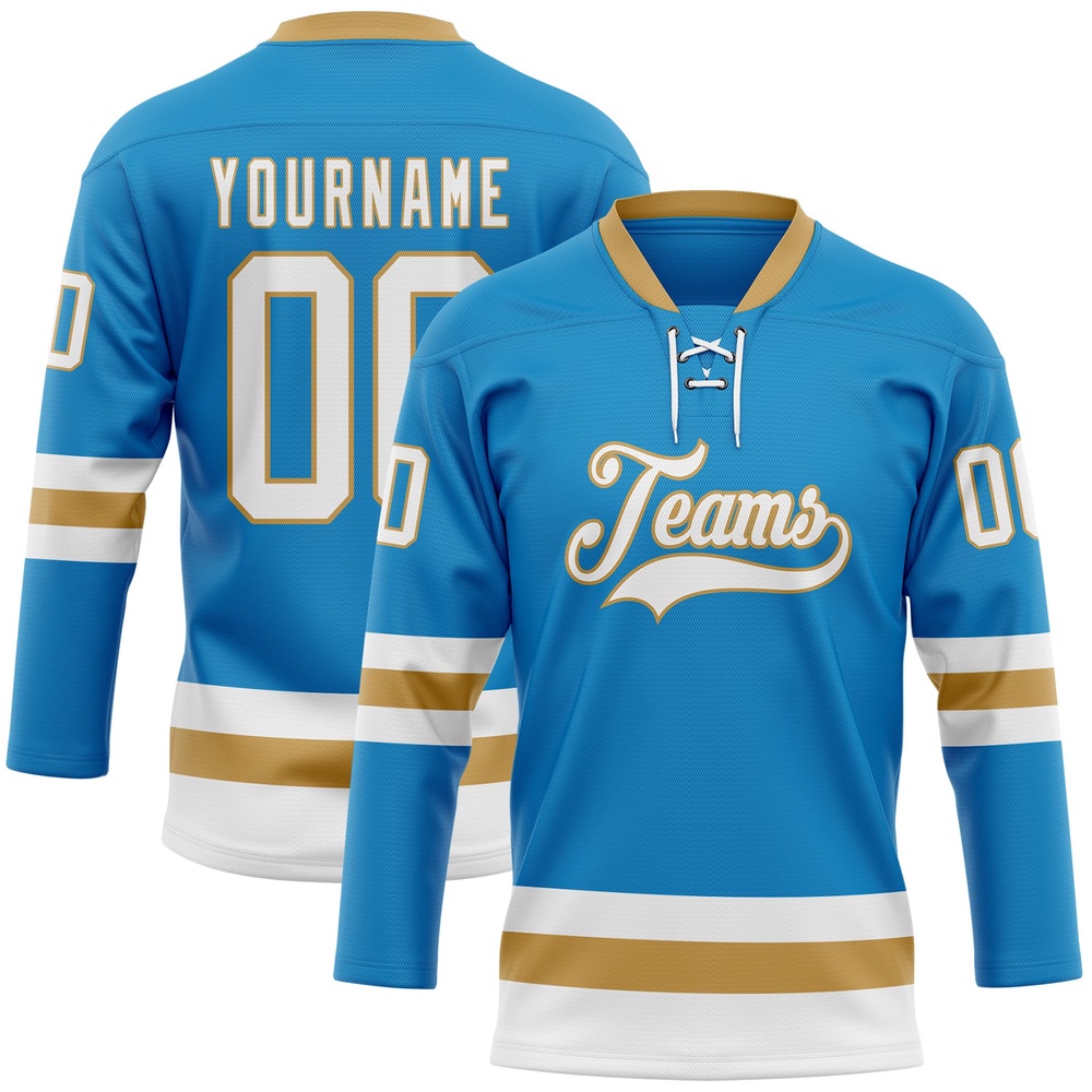 Custom Blue White Old Gold Hockey Lace Neck Jersey, New Hockey Jersey, Personali Sport Team Jersey Shirt