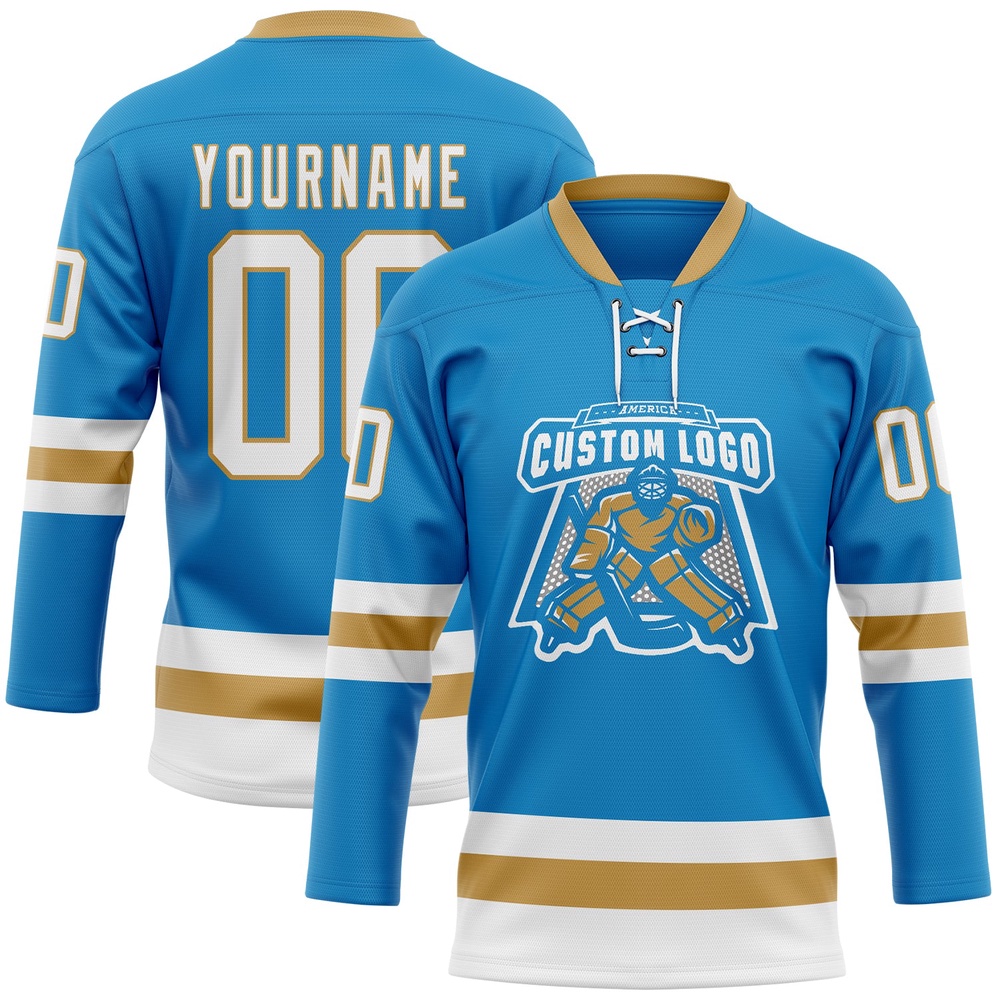Custom Blue White Old Gold Hockey Lace Neck Jersey, New Hockey Jersey, Personali Sport Team Jersey Shirt