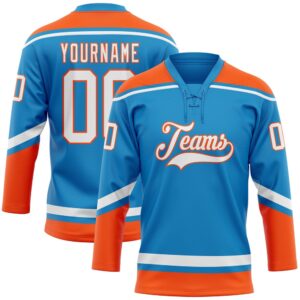 Custom Blue White Orange Hockey Lace Neck…