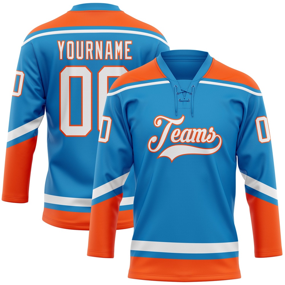 Custom Blue White Orange Hockey Lace Neck Jersey, New Hockey Jersey, Personali Sport Team Jersey Shirt