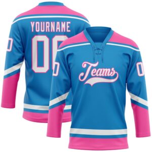 Custom Blue White Pink Hockey Lace Neck…