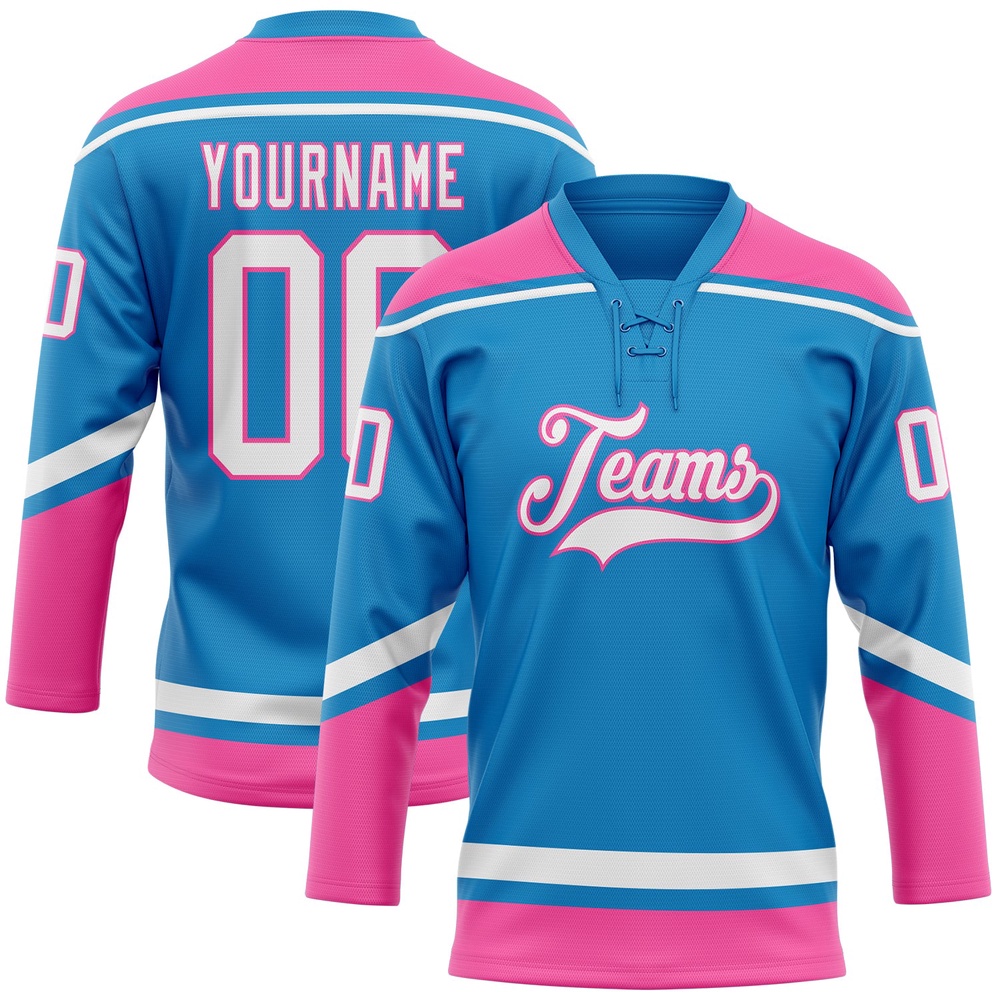 Custom Blue White Pink Hockey Lace Neck Jersey, New Hockey Jersey, Personali Sport Team Jersey Shirt