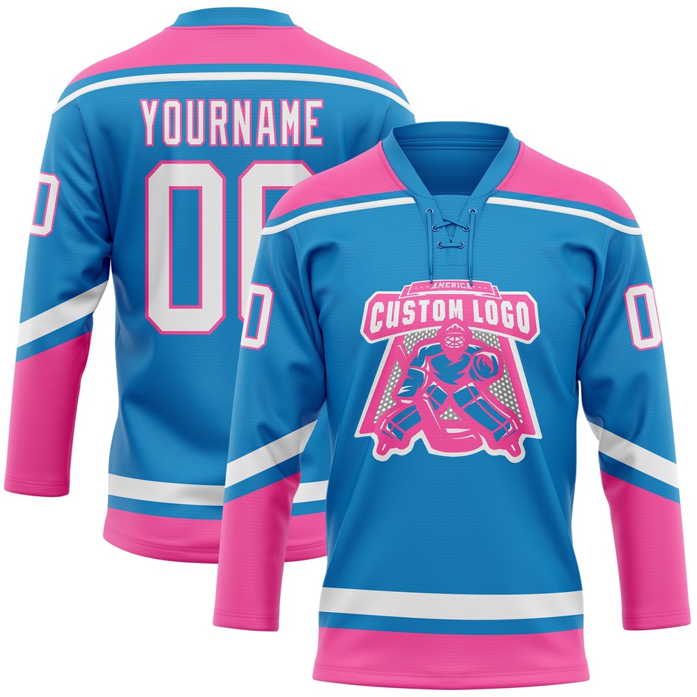 Custom Blue White Pink Hockey Lace Neck Jersey, New Hockey Jersey, Personali Sport Team Jersey Shirt