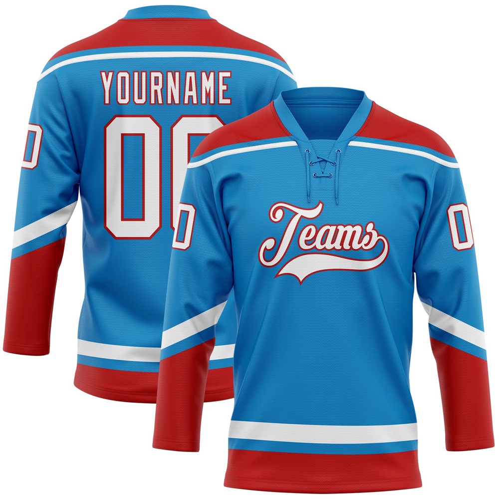 Custom Blue White Red Hockey Lace Neck Jersey, New Hockey Jersey, Personali Sport Team Jersey Shirt