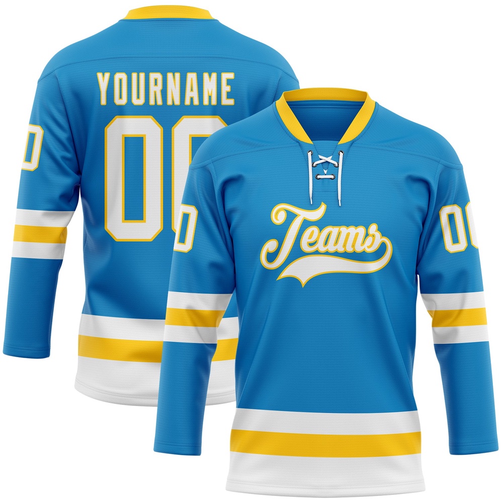 Custom Blue White Yellow Hockey Lace Neck Jersey, New Hockey Jersey, Personali Sport Team Jersey Shirt