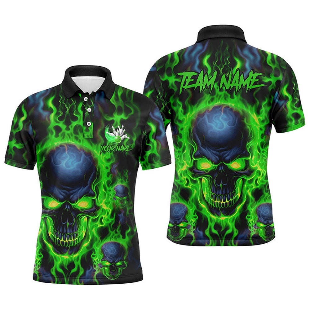 Custom Bowling Polo Shirts Men Green Flame Skull Team Bowling Polo Shirt Halloween Bowler Outfits, Personalized Bowling Team Shirt Custom Bowling Polo Shirts Men Green Flame Skull Team Bowling Polo Shirt Halloween Bowler Outfits, Personalized Bowling Team Shirt