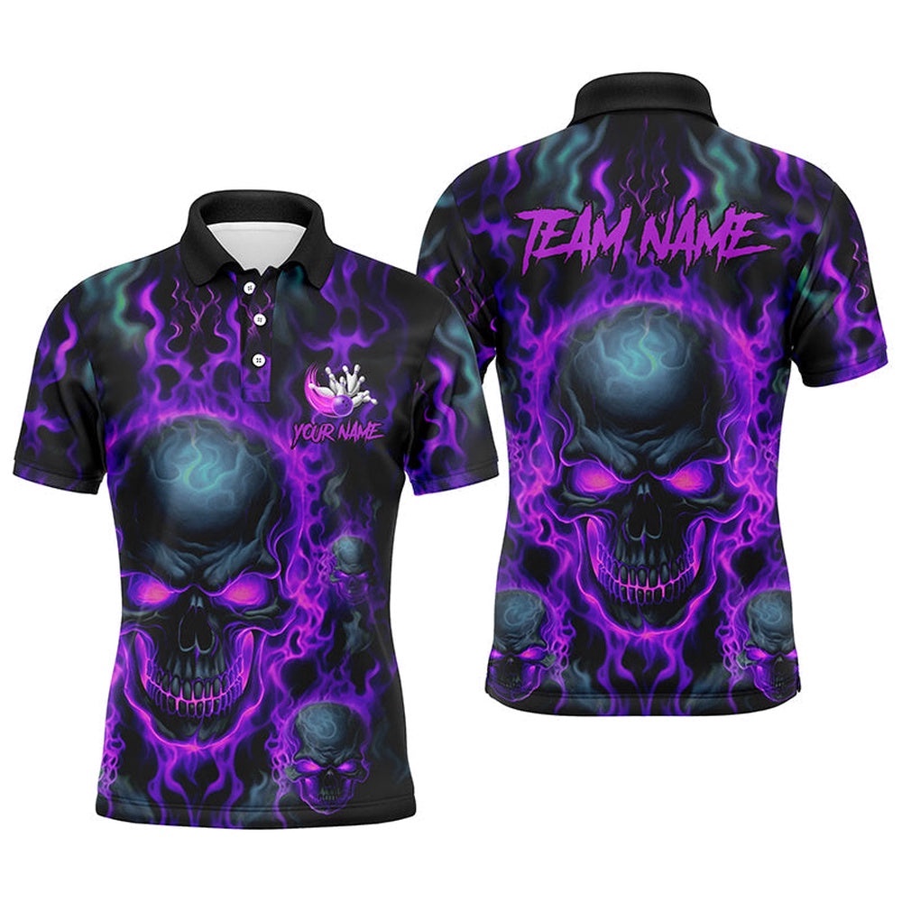 Custom Bowling Polo Shirts Men Purple Flame Skull Team Bowling Polo Shirt Halloween Bowler Outfits, Personalized Bowling Team Shirt Custom Bowling Polo Shirts Men Purple Flame Skull Team Bowling Polo Shirt Halloween Bowler Outfits, Personalized Bowling Team Shirt