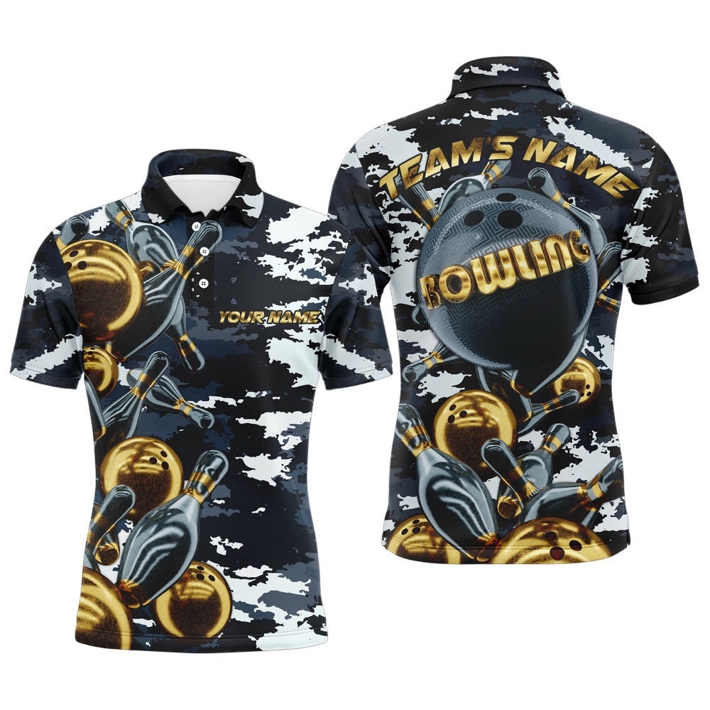 Custom Bowling Shirt For Men Camo Navy Bowling Team Polo Shirt Men’s Bowling Polo Shirt, Personalized Bowling Team Shirt