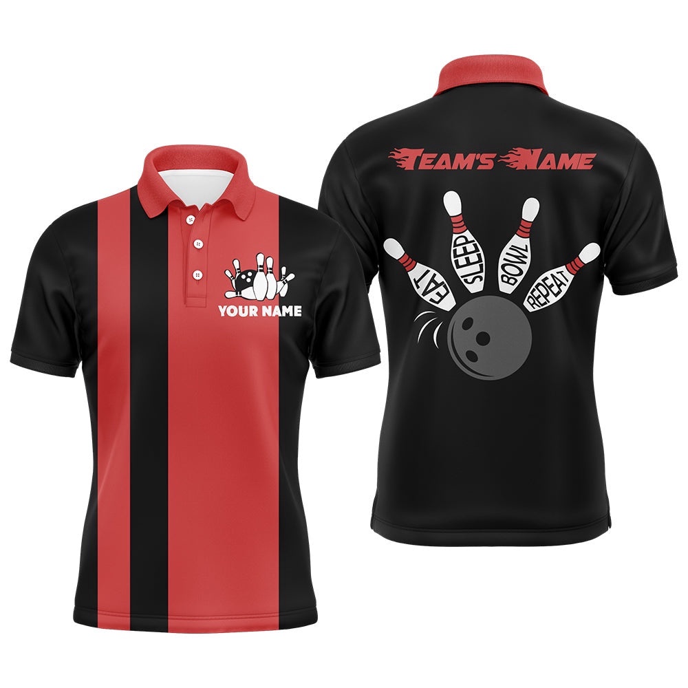 Custom Bowling Shirt For Men, Vintage Red&Black Bowling Polo Polo Shirt For Team Eat Sleep Bowl Repeat, Personalized Bowling Team Shirt Custom Bowling Shirt For Men, Vintage Red&Black Bowling Polo Polo Shirt For Team Eat Sleep Bowl Repeat, Personalized Bowling Team Shirt