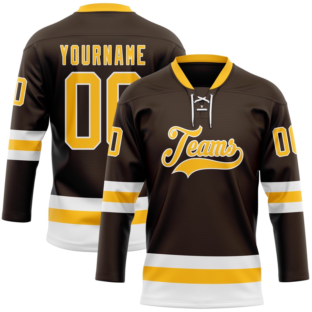 Custom Brown Gold White Hockey Lace Neck Jersey, New Hockey Jersey, Personali Sport Team Jersey Shirt