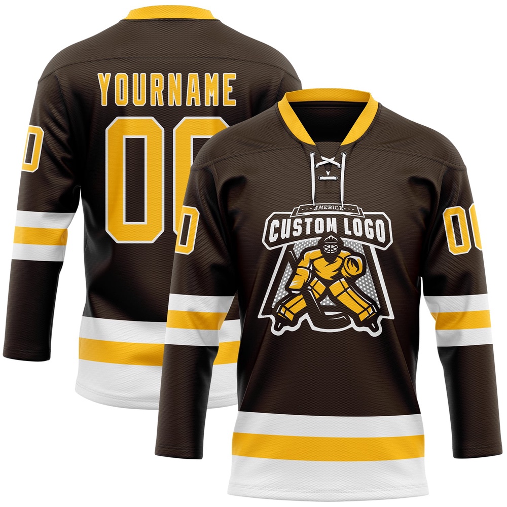 Custom Brown Gold White Hockey Lace Neck Jersey, New Hockey Jersey, Personali Sport Team Jersey Shirt