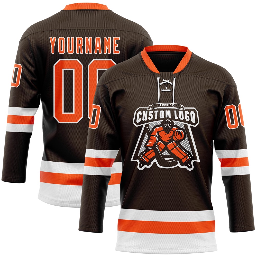 Custom Brown Orange White Hockey Lace Neck Jersey, New Hockey Jersey, Personali Sport Team Jersey Shirt