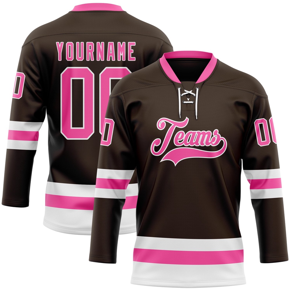 Custom Brown Pink White Hockey Lace Neck Jersey, New Hockey Jersey, Personali Sport Team Jersey Shirt