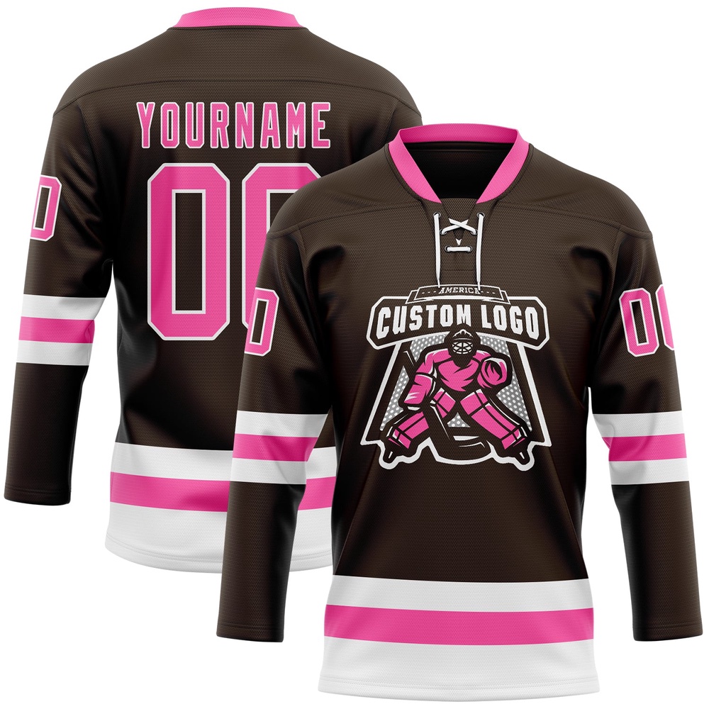 Custom Brown Pink White Hockey Lace Neck Jersey, New Hockey Jersey, Personali Sport Team Jersey Shirt