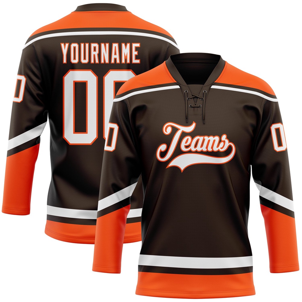 Custom Brown White Orange Hockey Lace Neck Jersey, New Hockey Jersey, Personali Sport Team Jersey Shirt