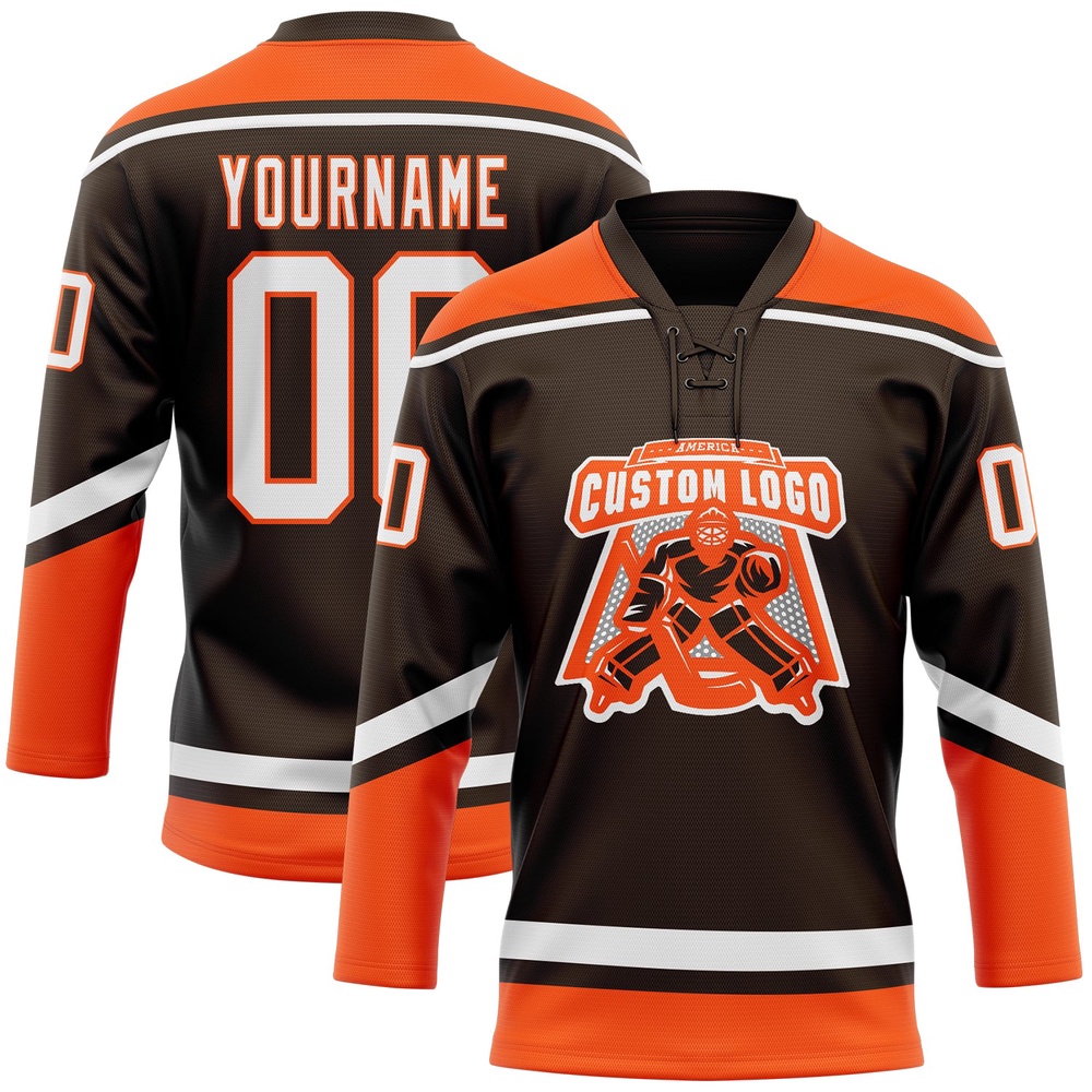 Custom Brown White Orange Hockey Lace Neck Jersey, New Hockey Jersey, Personali Sport Team Jersey Shirt
