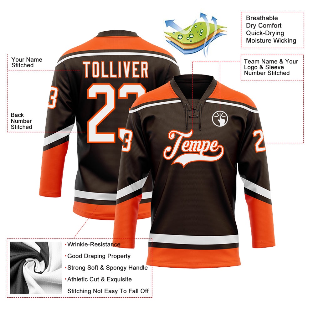 Custom Brown White Orange Hockey Lace Neck Jersey, New Hockey Jersey, Personali Sport Team Jersey Shirt