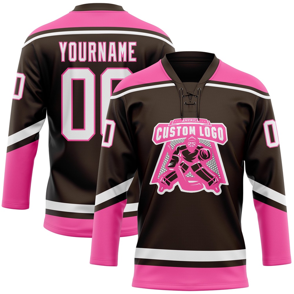 Custom Brown White Pink Hockey Lace Neck Jersey, New Hockey Jersey, Personali Sport Team Jersey Shirt