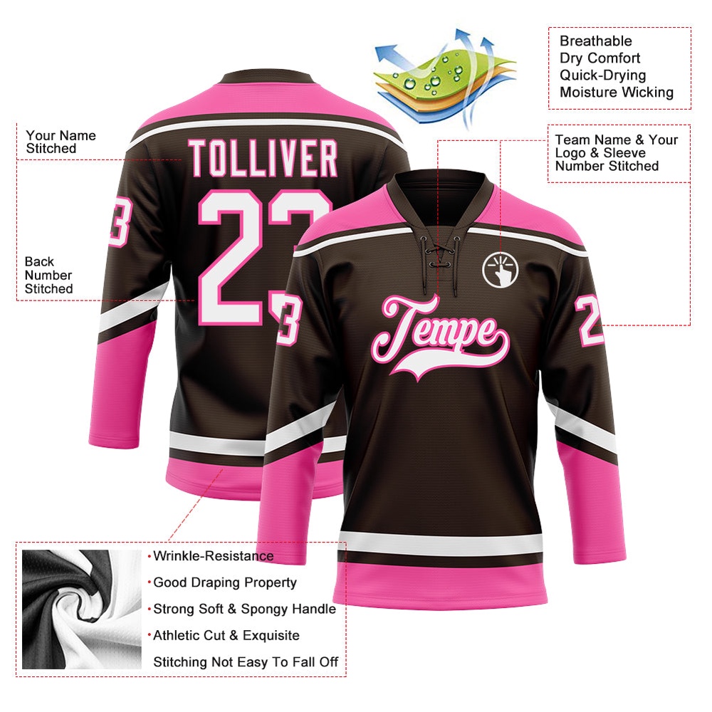 Custom Brown White Pink Hockey Lace Neck Jersey, New Hockey Jersey, Personali Sport Team Jersey Shirt