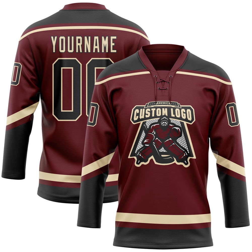 Custom Burgundy Black City Cream Hockey Lace Neck Jersey, New Hockey Jersey, Personali Sport Team Jersey Shirt
