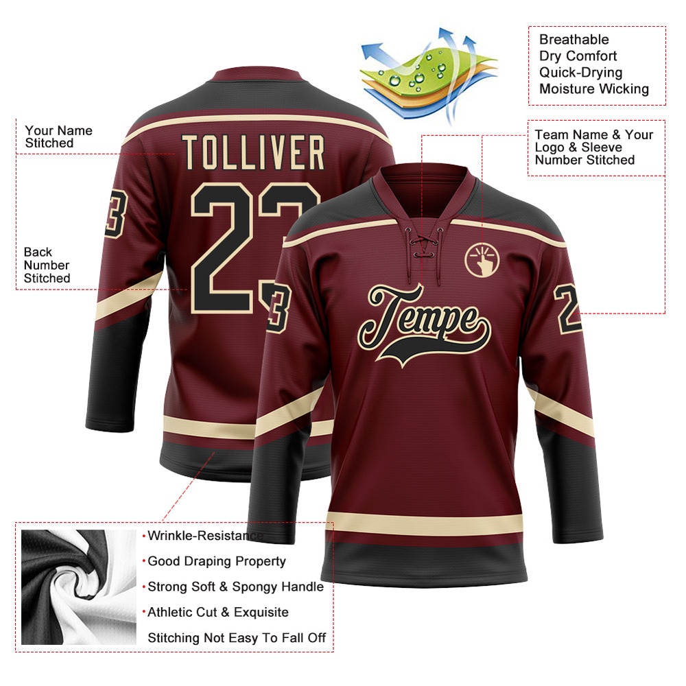 Custom Burgundy Black City Cream Hockey Lace Neck Jersey, New Hockey Jersey, Personali Sport Team Jersey Shirt