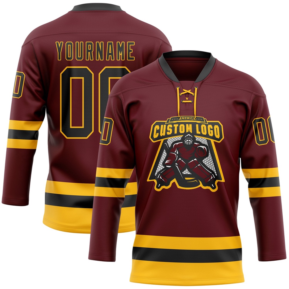 Custom Burgundy Black Gold Hockey Lace Neck Jersey, New Hockey Jersey, Personali Sport Team Jersey Shirt
