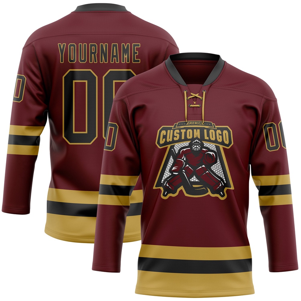 Custom Burgundy Black Old Gold Hockey Lace Neck Jersey, New Hockey Jersey, Personali Sport Team Jersey Shirt