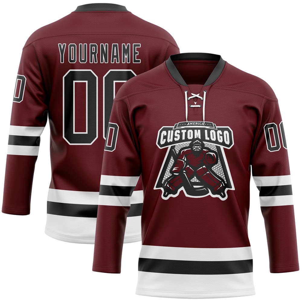 Custom Burgundy Black White Hockey Lace Neck Jersey, New Hockey Jersey, Personali Sport Team Jersey Shirt