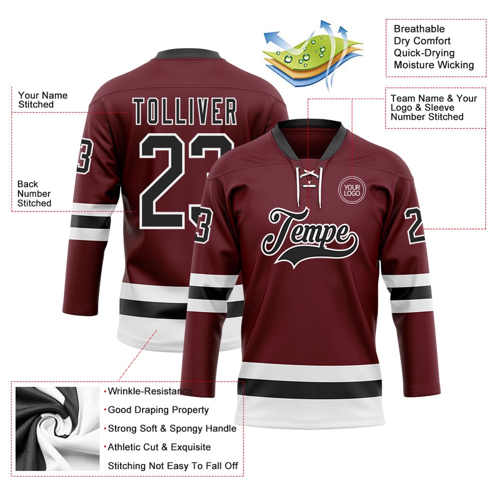 Custom Burgundy Black White Hockey Lace Neck Jersey, New Hockey Jersey, Personali Sport Team Jersey Shirt