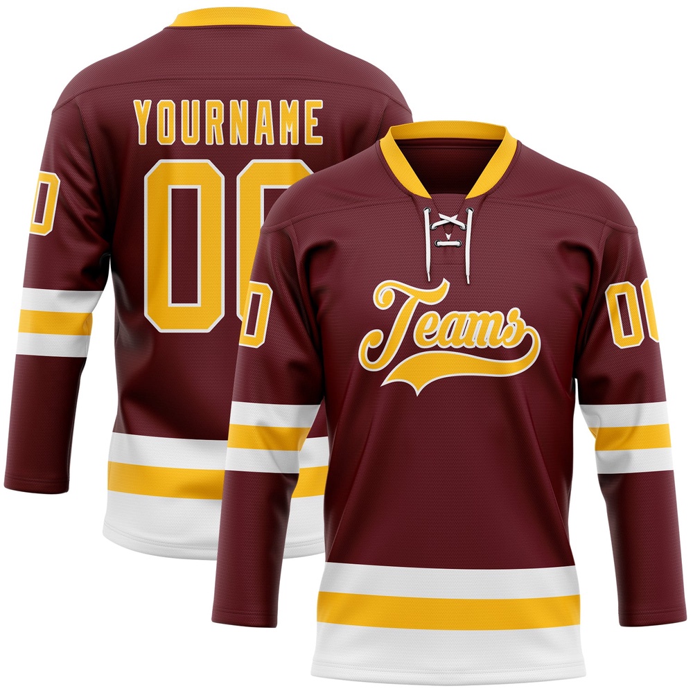 Custom Burgundy Gold White Hockey Lace Neck Jersey, New Hockey Jersey, Personali Sport Team Jersey Shirt